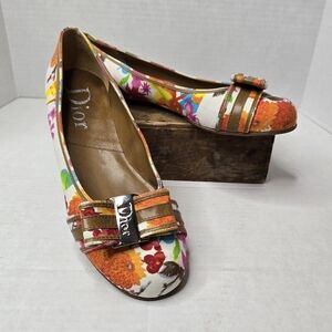 Dior Floral Canvas Ballet Flats, Bow/Buckle, Sz 40 (10)